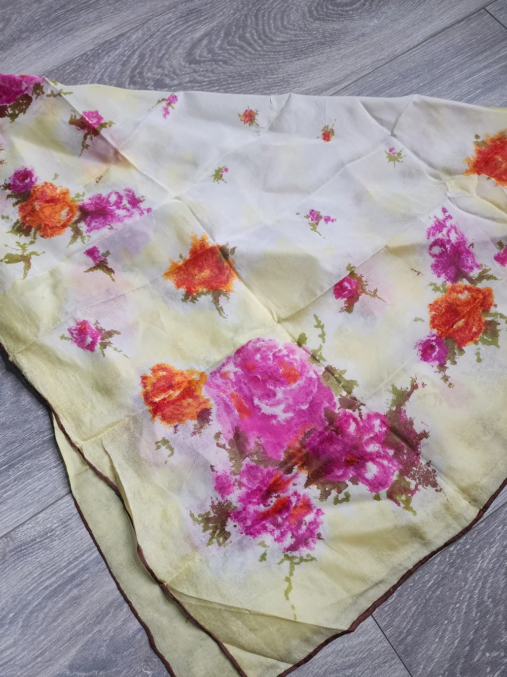 Floral Triangle Silk-Feel Scarf in Yellow and Pink